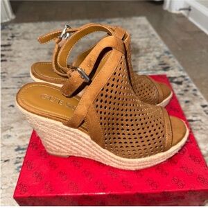 GUESS Brown Perforated Wedge Sandals
